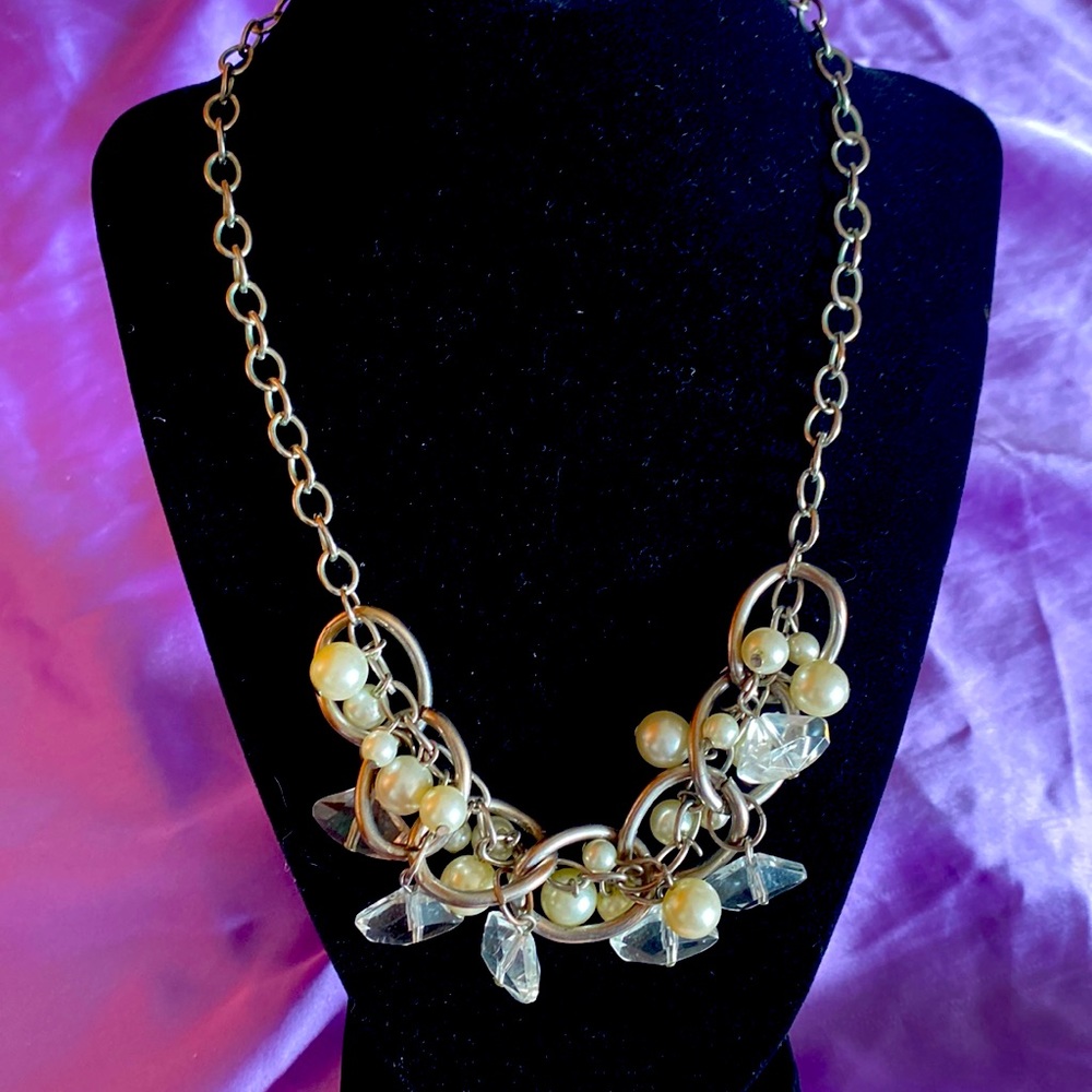 Lightweight silver color necklace with faux pearls and crystals - 10”